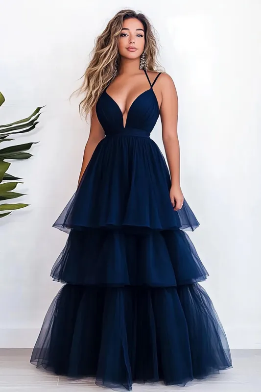 Navy Ball Gown Double Spaghetti Straps Ruffles Tulle Long Prom Dress sold by Zapaka