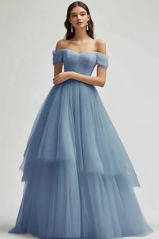 Off The Shoulder Grey Blue A Line Tulle Long Prom Dress sold by Zapaka