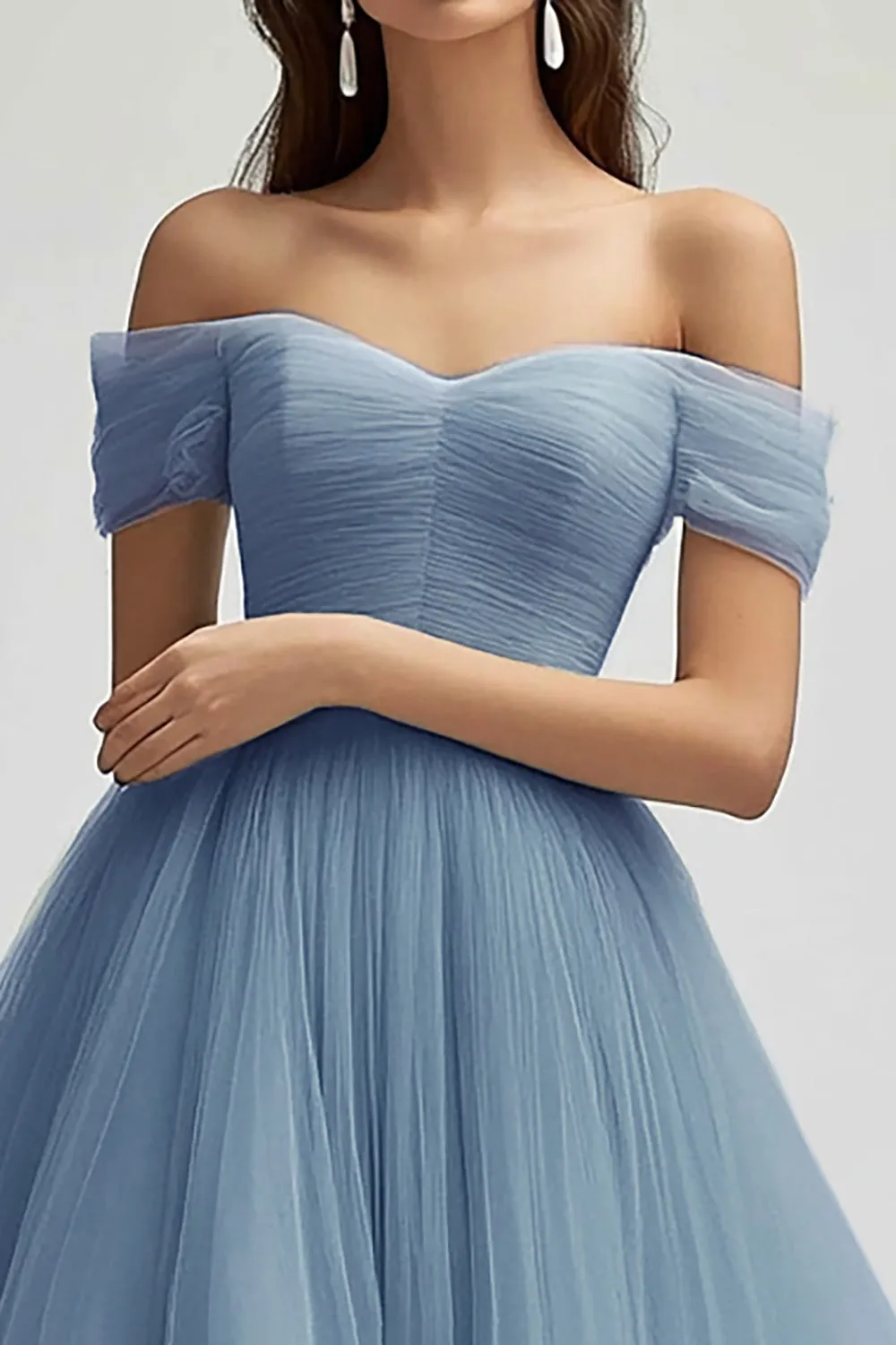 Off The Shoulder Grey Blue A Line Tulle Long Prom Dress sold by Zapaka product image thumbnail 2