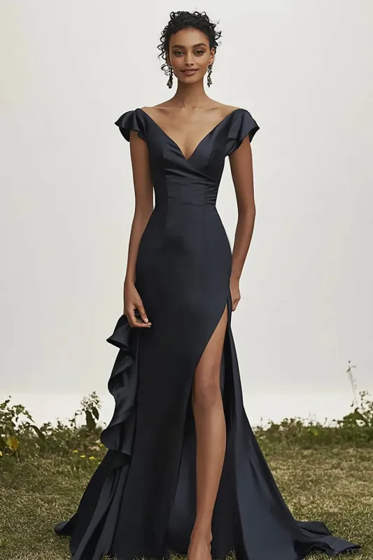 Black V-Neck Mermaid Satin Ruffles Prom Dress sold by Zapaka