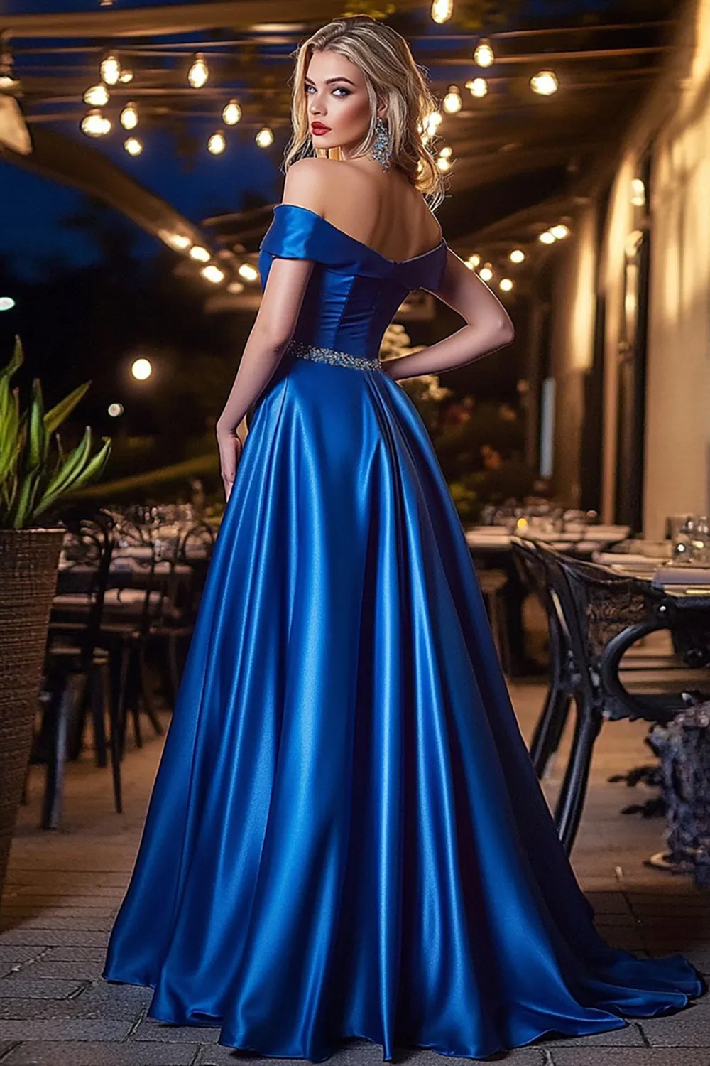 Royal Blue A-Line Off the Shoulder Satin Long Prom Dress with Beading sold by Zapaka product image thumbnail 2