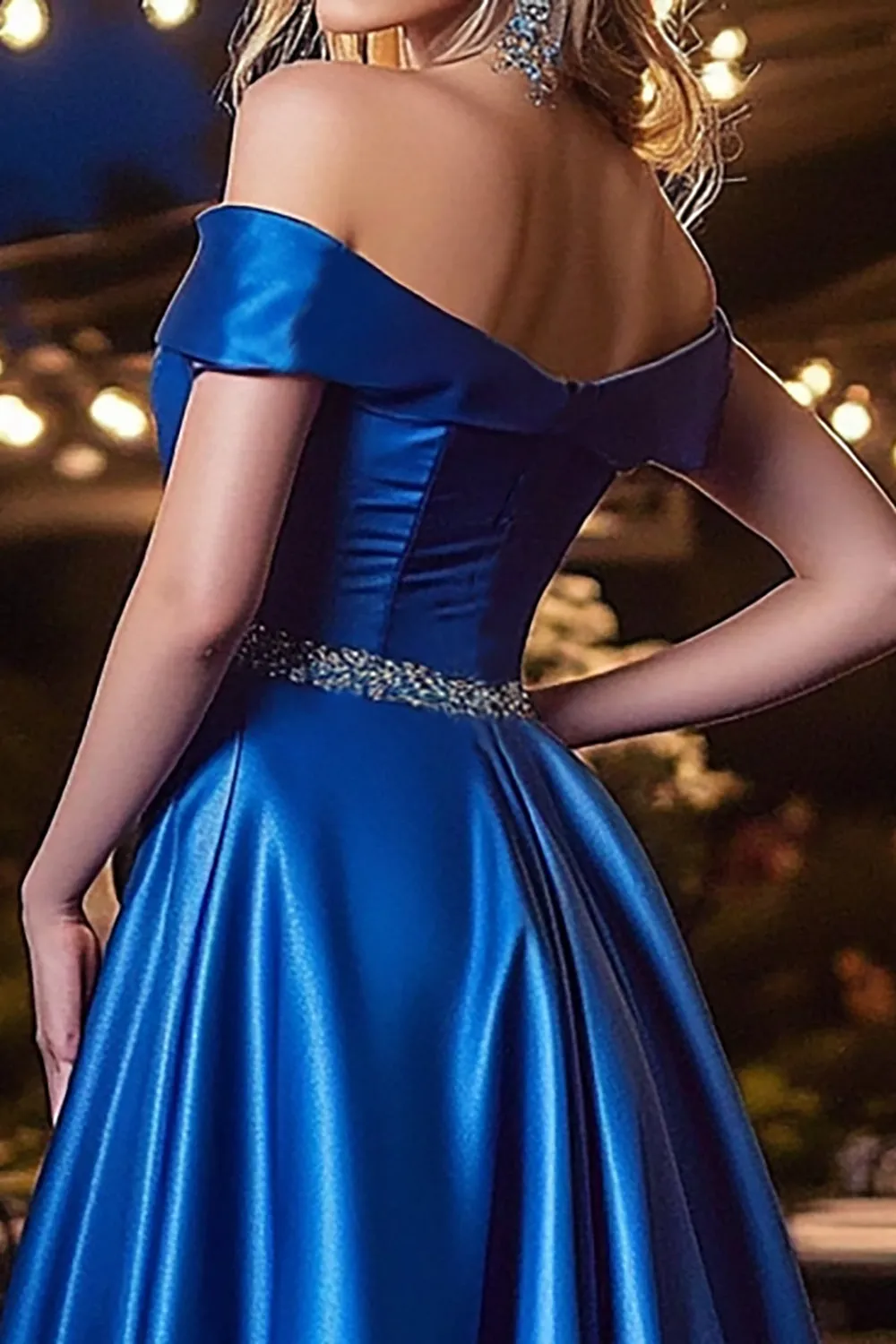 Royal Blue A-Line Off the Shoulder Satin Long Prom Dress with Beading sold by Zapaka product image thumbnail 3