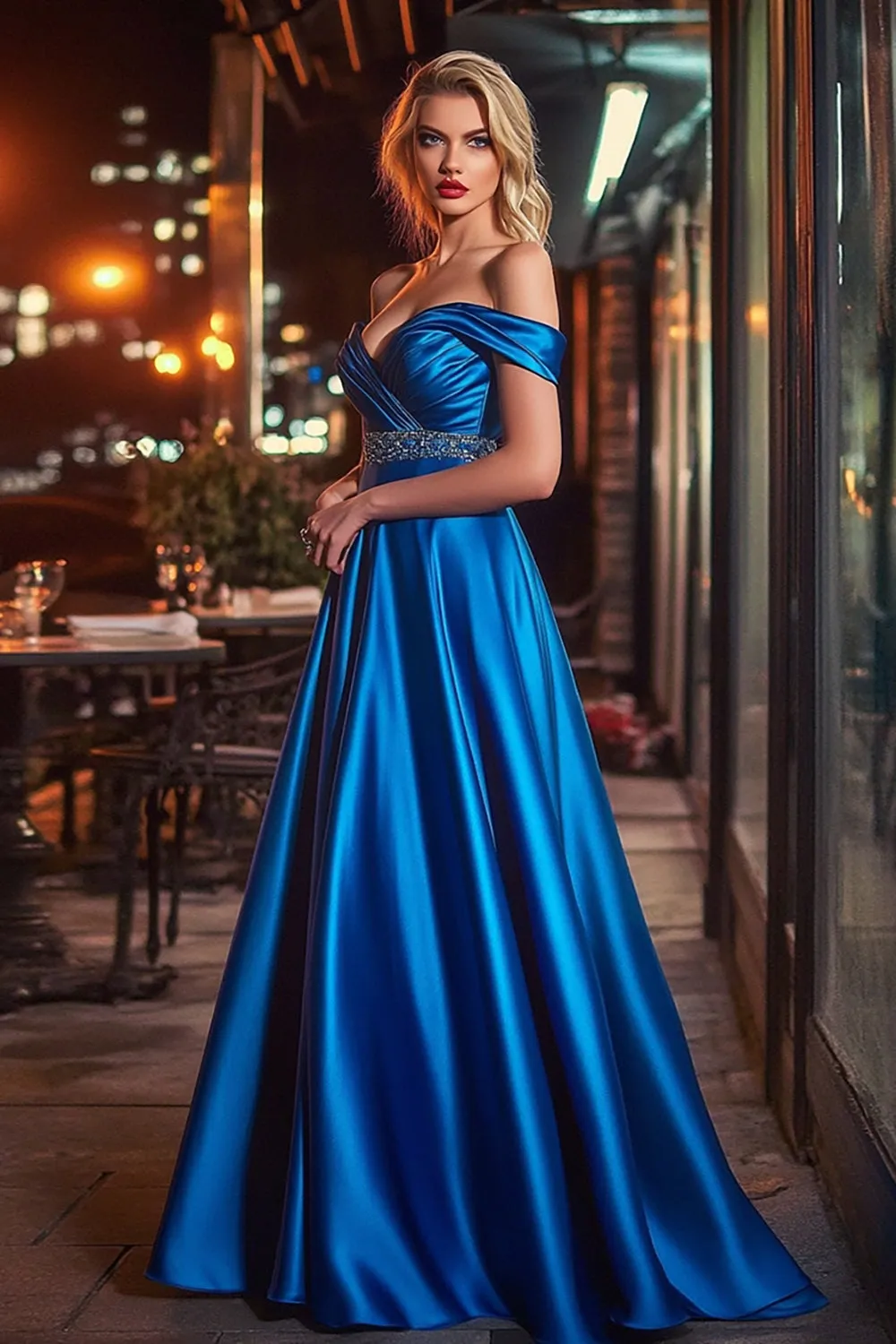 Royal Blue A-Line Off the Shoulder Satin Long Prom Dress with Beading sold by Zapaka