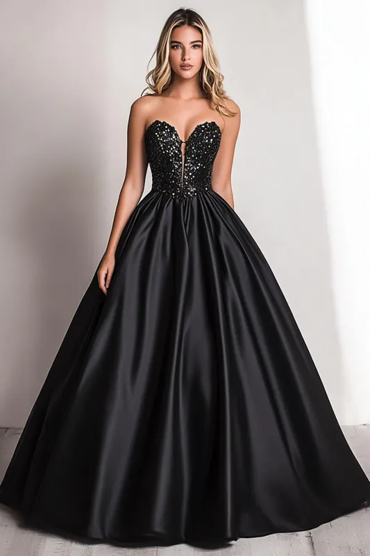 Sparkly Black Sweetheart A Line Satin Sequined Long Prom Dress sold by Zapaka
