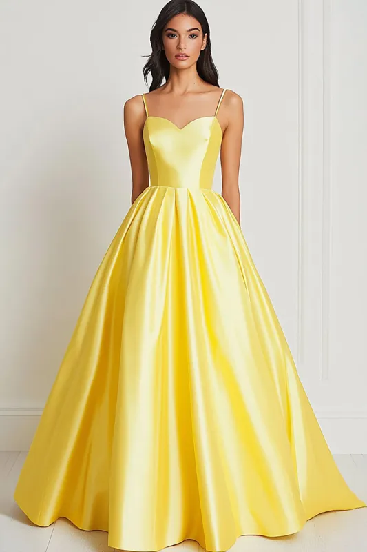 Yellow Satin Spaghetti Straps A Line Long Prom Dress sold by Zapaka