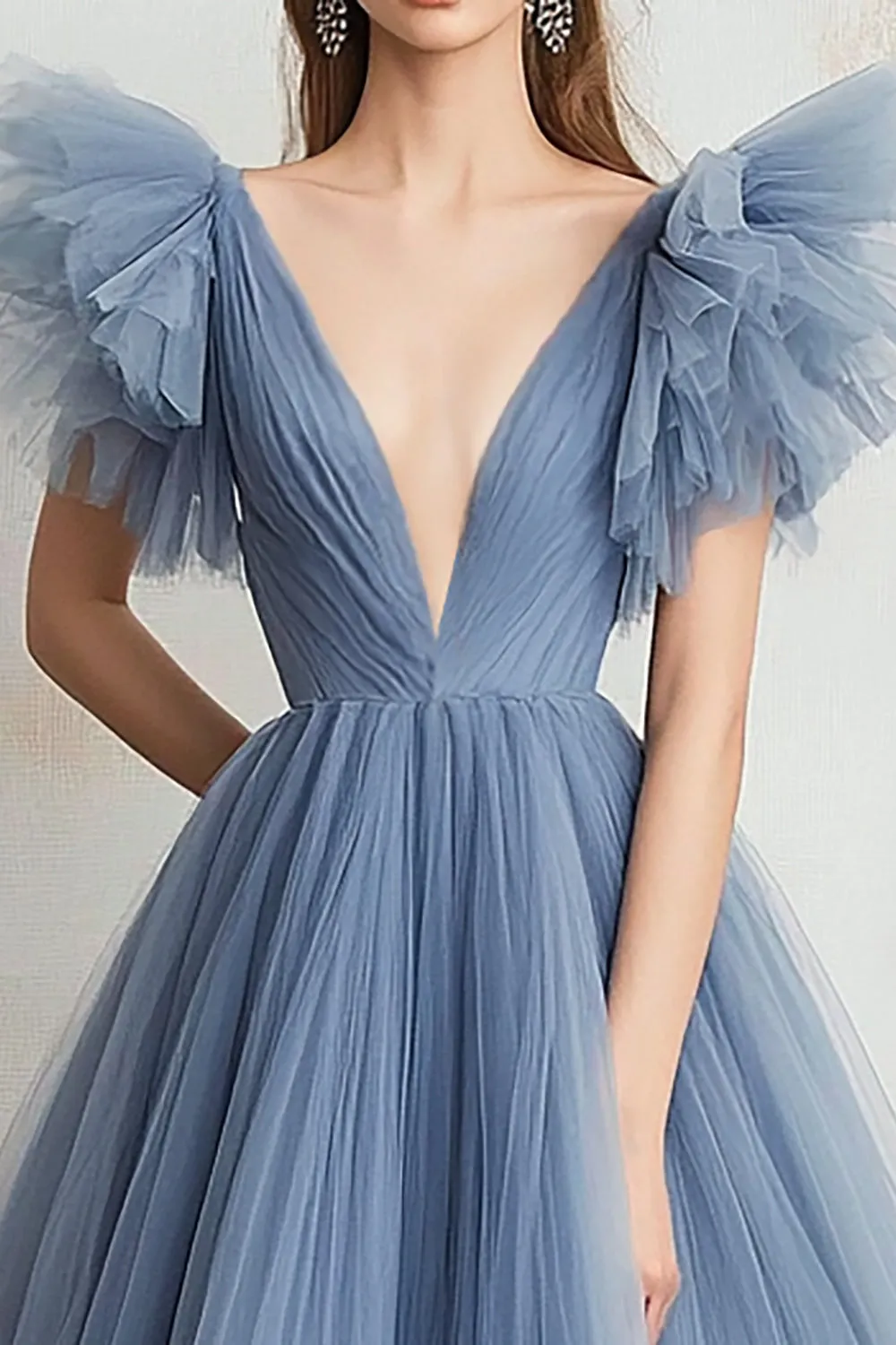Grey Blue Tulle V-Neck A Line Long Prom Dress with Flying Sleeves sold by Zapaka product image thumbnail 2