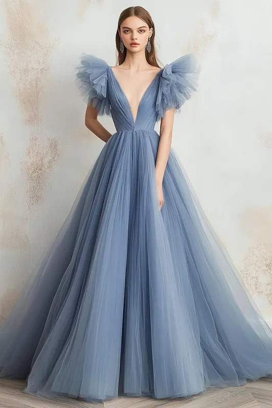 Grey Blue Tulle V-Neck A Line Long Prom Dress with Flying Sleeves sold by Zapaka