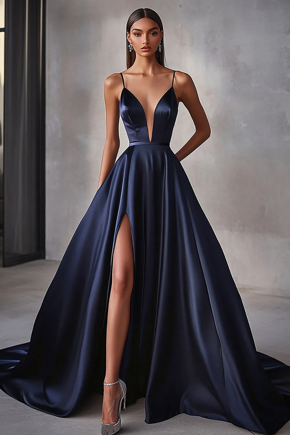 Navy Satin A Line Spaghetti Straps Long Prom Dress with Slit sold by Zapaka