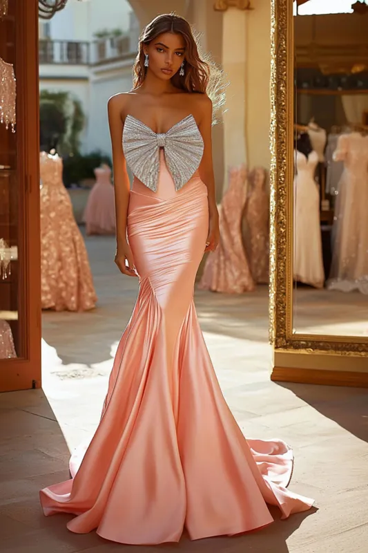 Strapless Pink Mermaid Sequins Satin Prom Dress with Big Bow sold by Zapaka