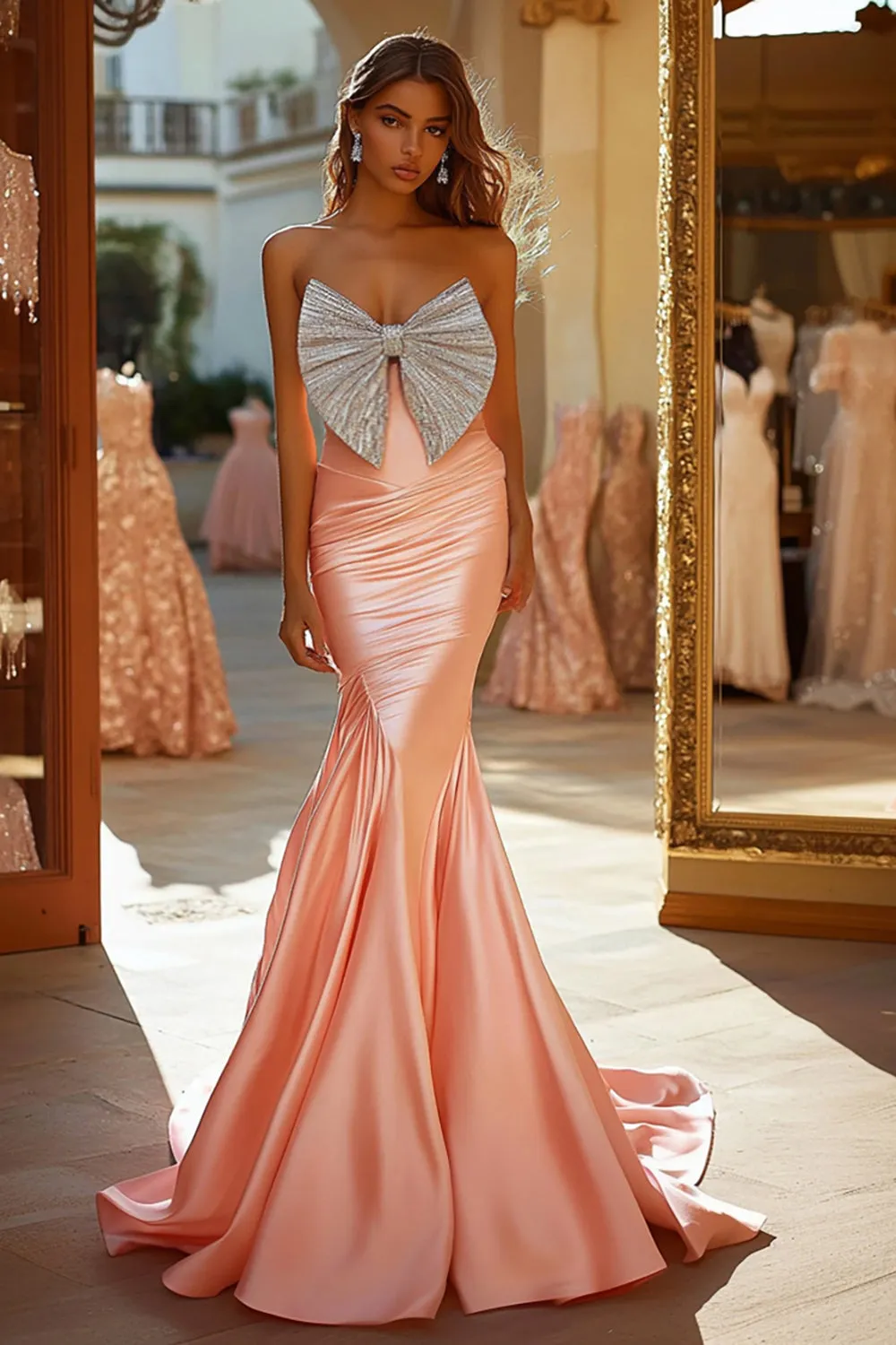 Strapless Pink Mermaid Sequins Satin Prom Dress with Big Bow sold by Zapaka