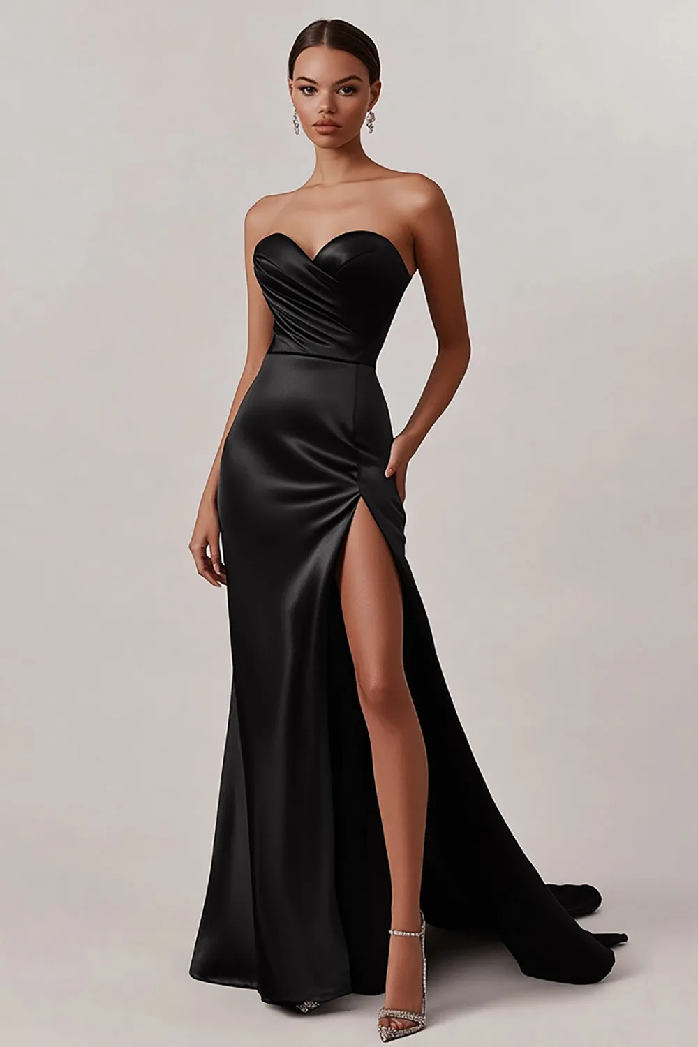Black Satin Sweetheart Long Formal Dress with Slit sold by Zapaka