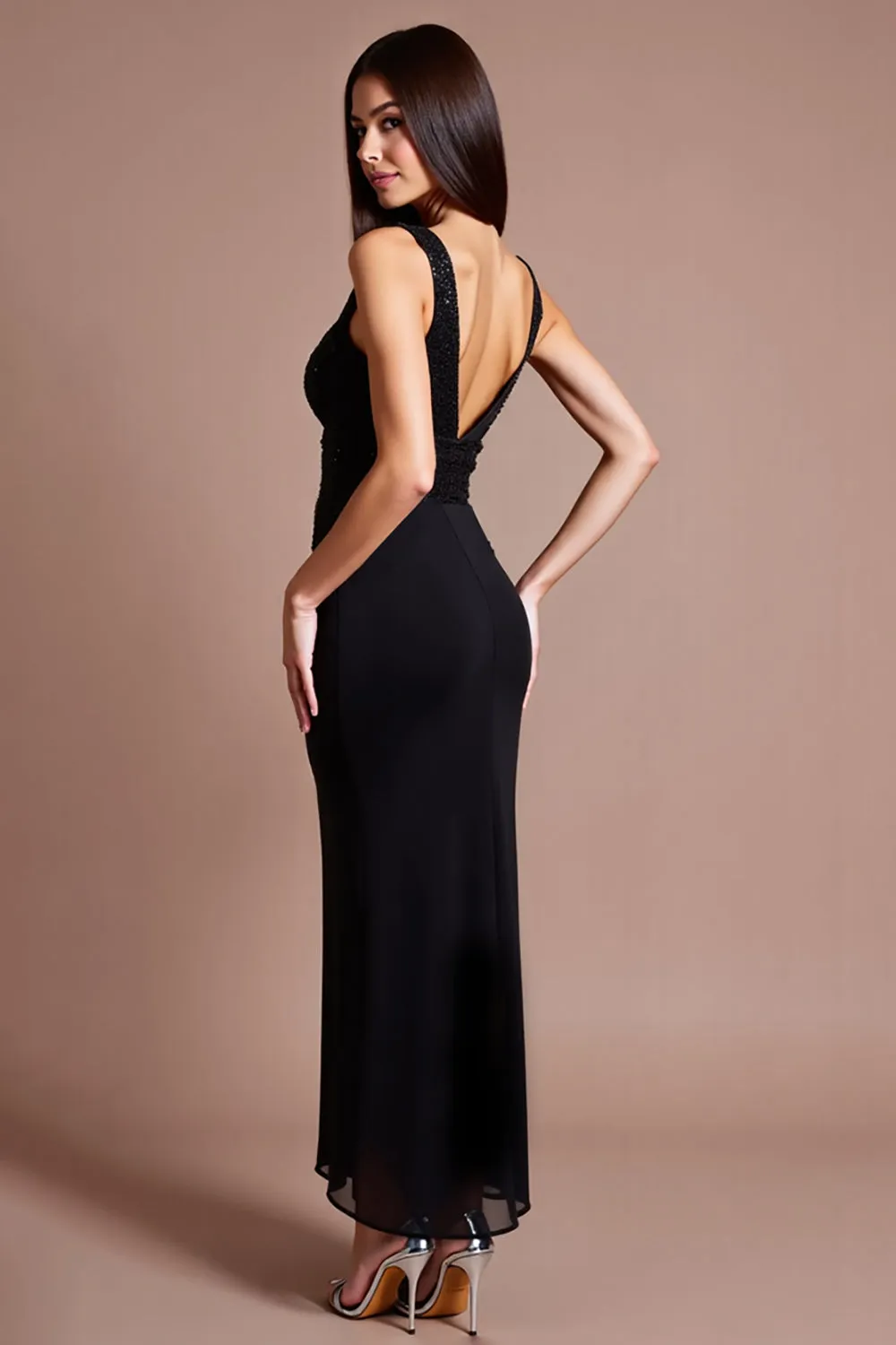 Sparkly Black V Neck Sequin Long Formal Dress with Slit sold by Zapaka product image thumbnail 2