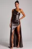 Dark Grey One Shoulder Long Satin Formal Dress with Slit sold by Zapaka