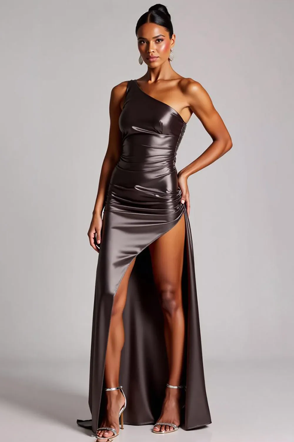 Dark Grey One Shoulder Long Satin Formal Dress with Slit sold by Zapaka