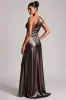 Dark Grey One Shoulder Long Satin Formal Dress with Slit sold by Zapaka
