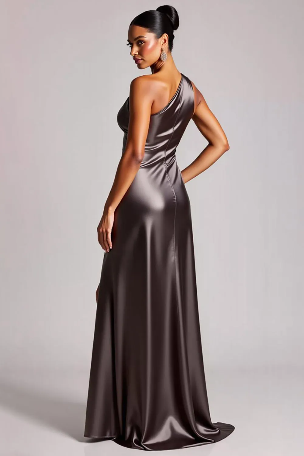 Dark Grey One Shoulder Long Satin Formal Dress with Slit sold by Zapaka product image thumbnail 2
