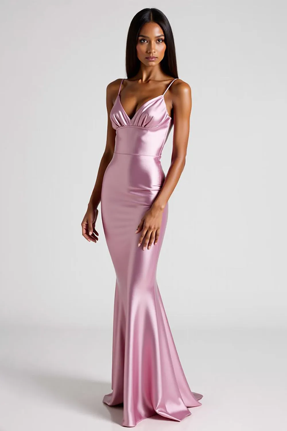 Spaghetti Straps Pink Mermaid Long Satin Formal Dress sold by Zapaka