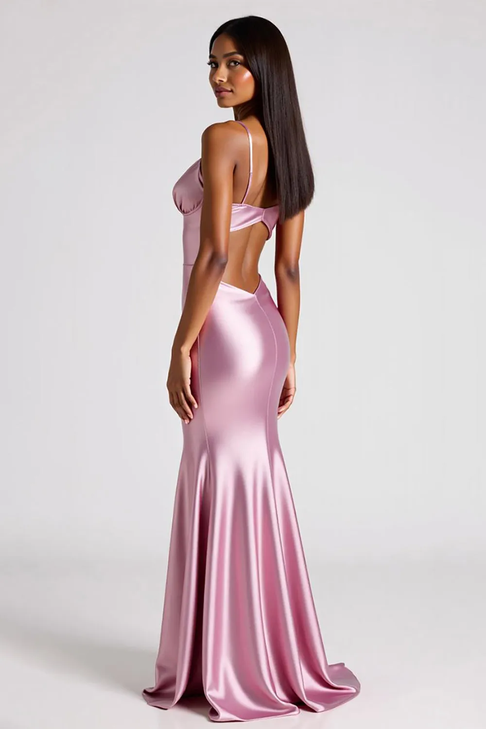 Spaghetti Straps Pink Mermaid Long Satin Formal Dress sold by Zapaka product image thumbnail 2