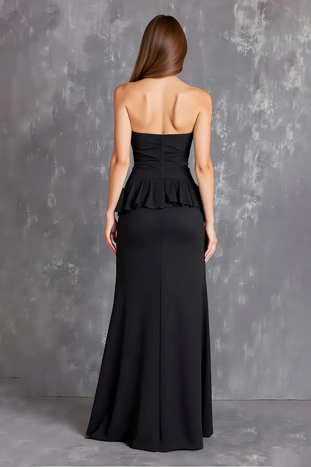 Black Strapless Ruffled Long Formal Dress with Slit sold by Zapaka product image thumbnail 2