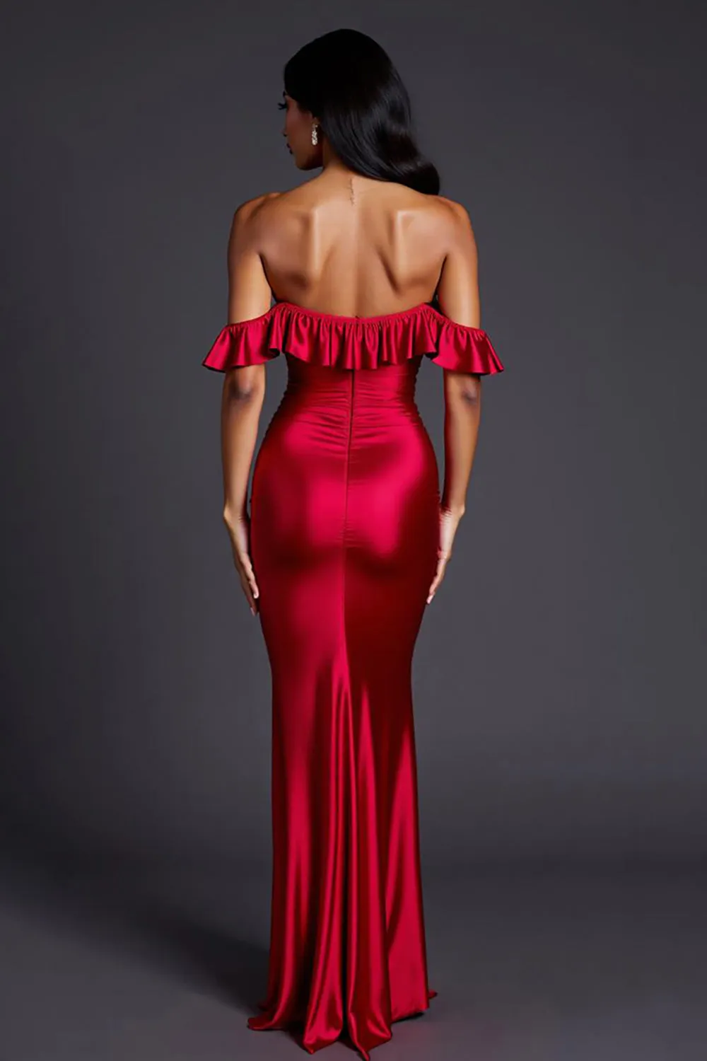 Red Ruffled Off the Shoulder Mermaid Long Formal Dress with Slit sold by Zapaka product image thumbnail 2