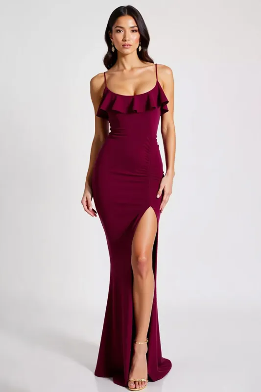 Burgundy Spaghetti Straps Mermaid Crepe Long Formal Dress with Slit sold by Zapaka