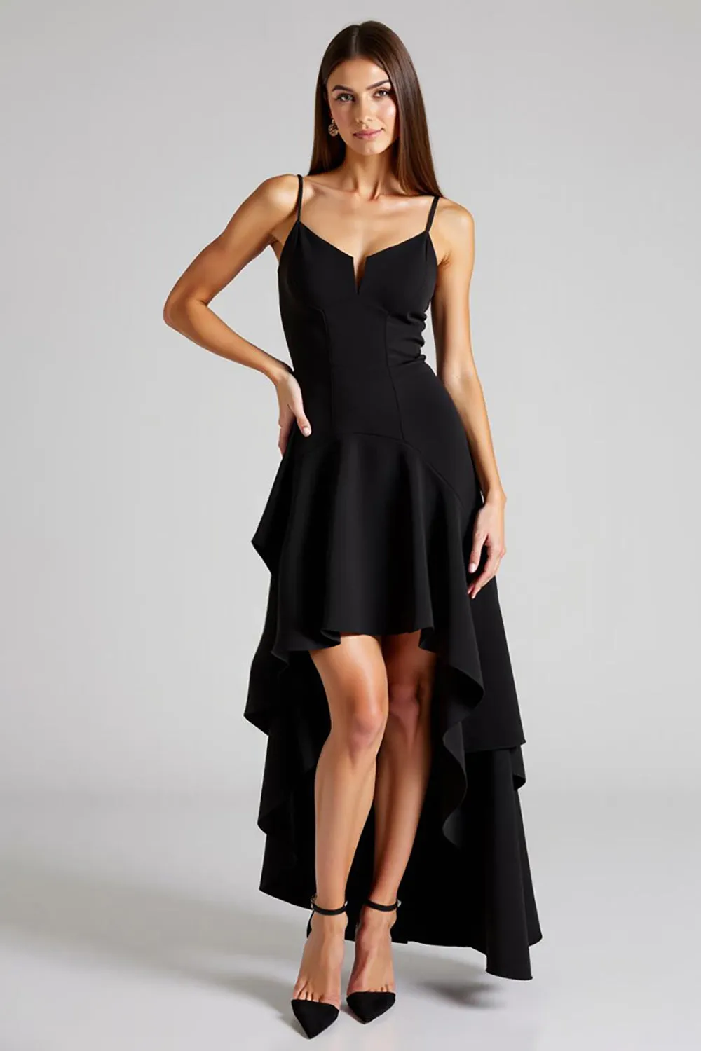 Black Spaghetti Straps A Line Asymmetrical Formal Dress sold by Zapaka