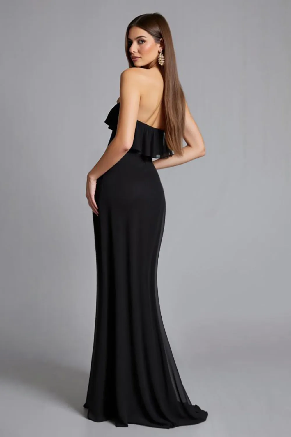 Black Off the Shoulder Ruffled Long Formal Dress with Slit sold by Zapaka product image thumbnail 2