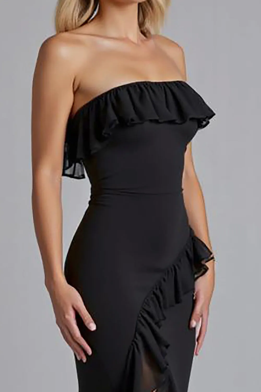 Black Off the Shoulder Ruffled Long Formal Dress with Slit sold by Zapaka product image thumbnail 3