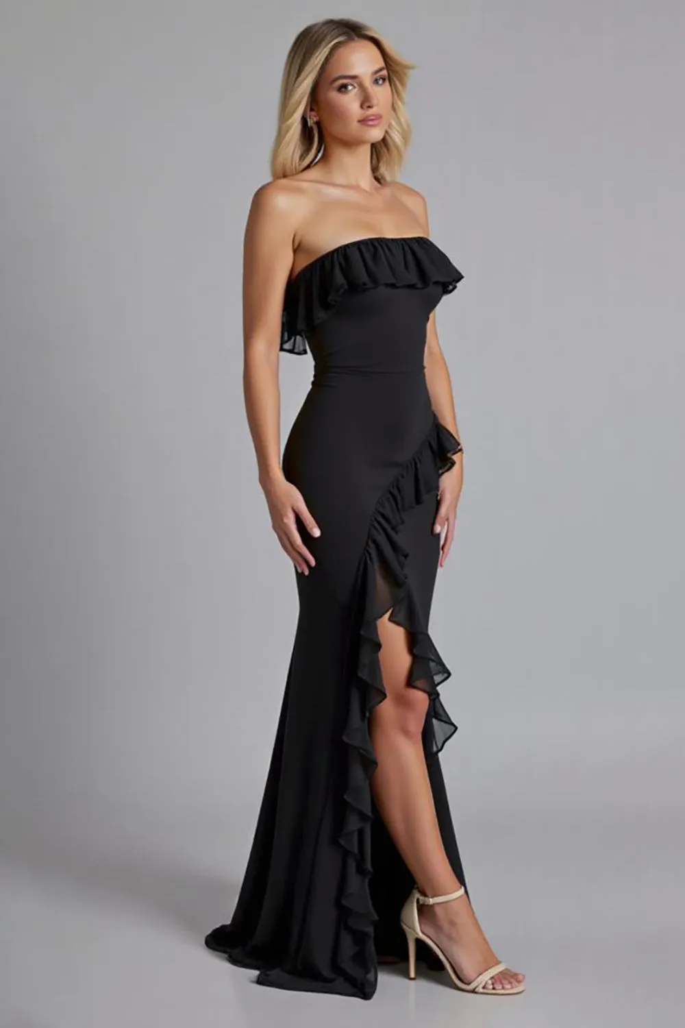 Black Off the Shoulder Ruffled Long Formal Dress with Slit sold by Zapaka