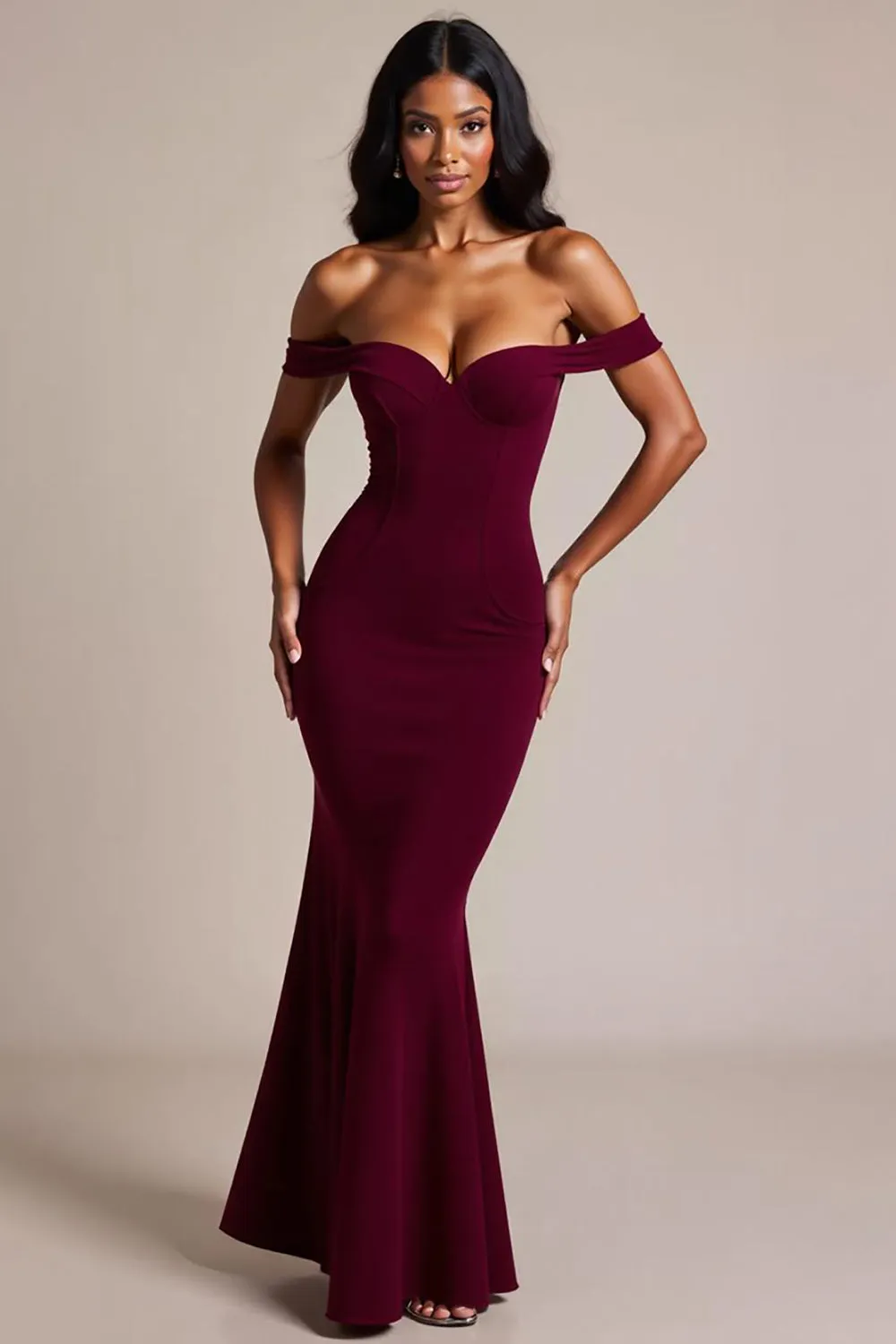 Burgundy Mermaid Off the Shoulder Long Formal Dress sold by Zapaka