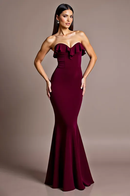 Burgundy Strapless Mermaid Long Formal Dress with Ruffles sold by Zapaka