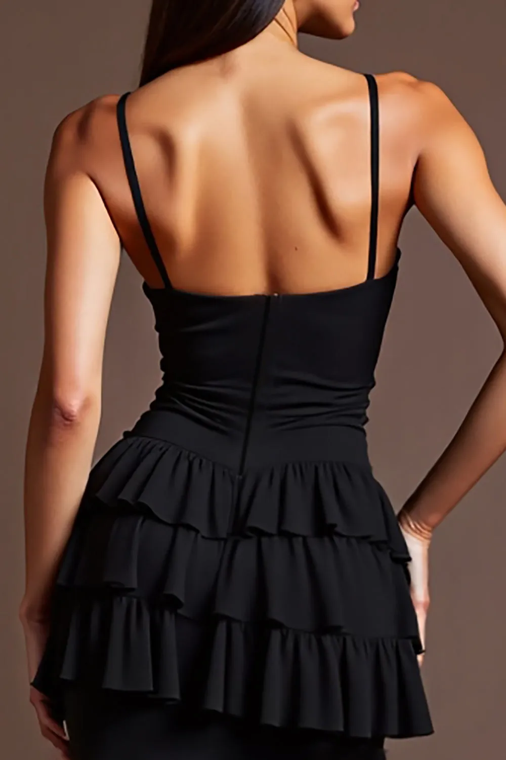 Spaghetti Straps Black Ruffled Long Formal Dress with Slit sold by Zapaka product image thumbnail 5