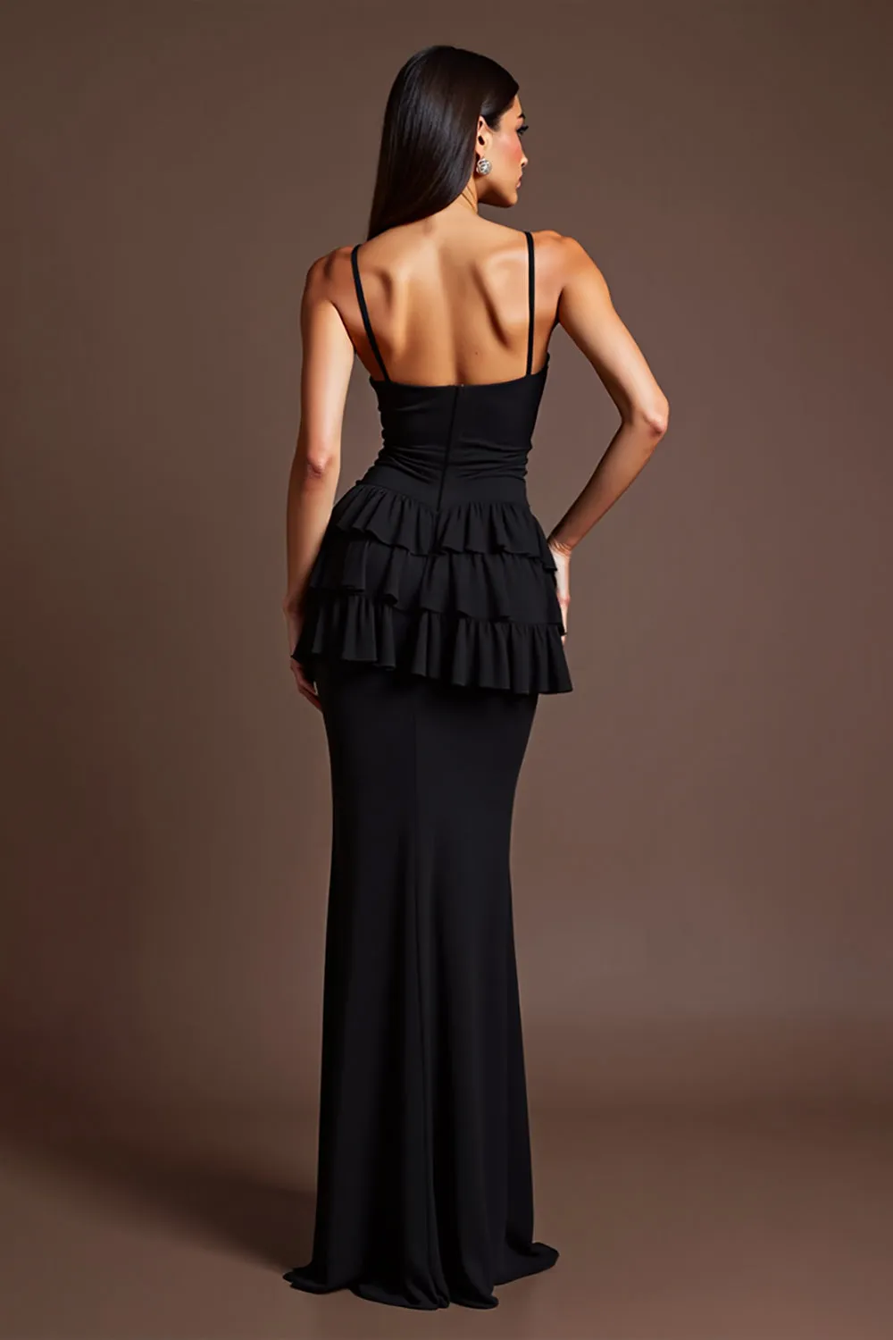 Spaghetti Straps Black Ruffled Long Formal Dress with Slit sold by Zapaka product image thumbnail 2
