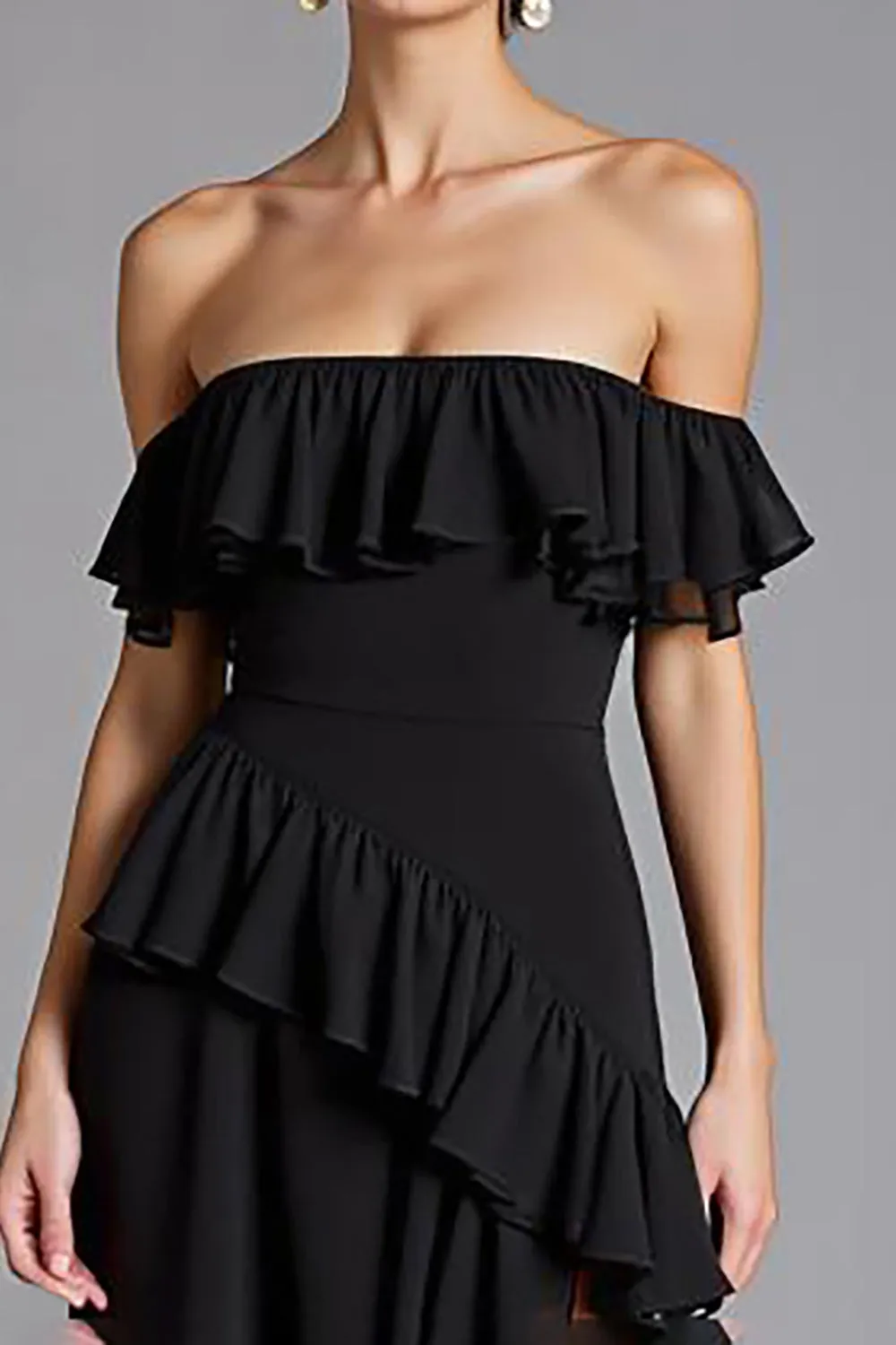 Black Off the Shoulder Ruffled Chiffon Long Formal Dress with Slit sold by Zapaka product image thumbnail 3