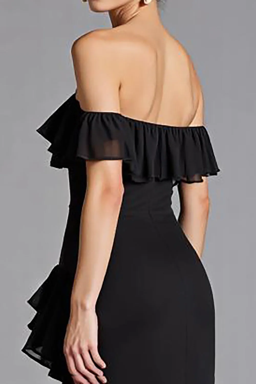 Black Off the Shoulder Ruffled Chiffon Long Formal Dress with Slit sold by Zapaka product image thumbnail 4