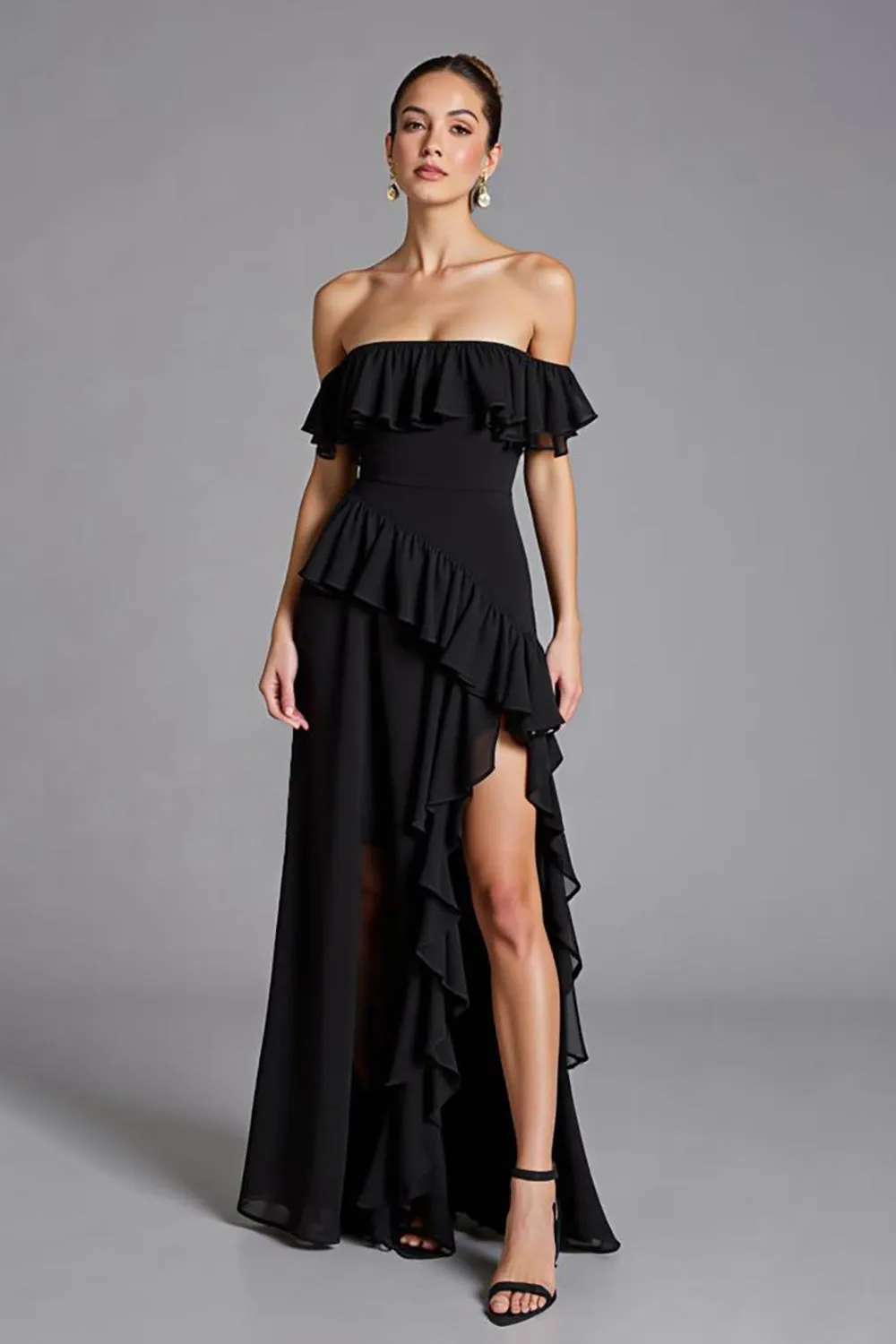 Black Off the Shoulder Ruffled Chiffon Long Formal Dress with Slit sold by Zapaka