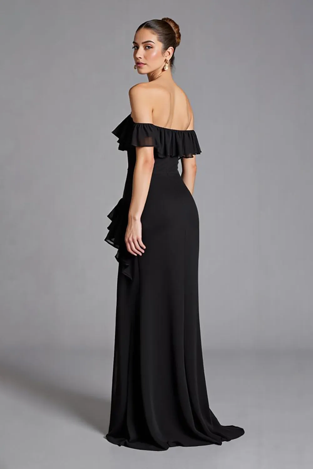 Black Off the Shoulder Ruffled Chiffon Long Formal Dress with Slit sold by Zapaka product image thumbnail 2