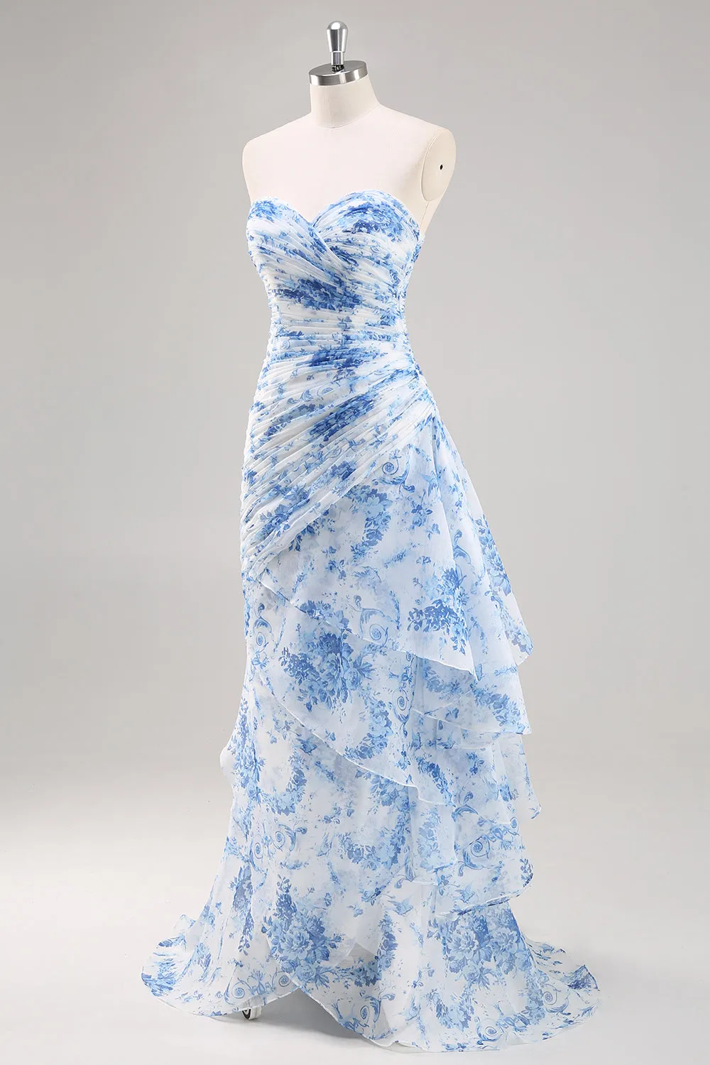 Strapless Mermaid White Blue Floral Prom Dress sold by Zapaka product image thumbnail 3