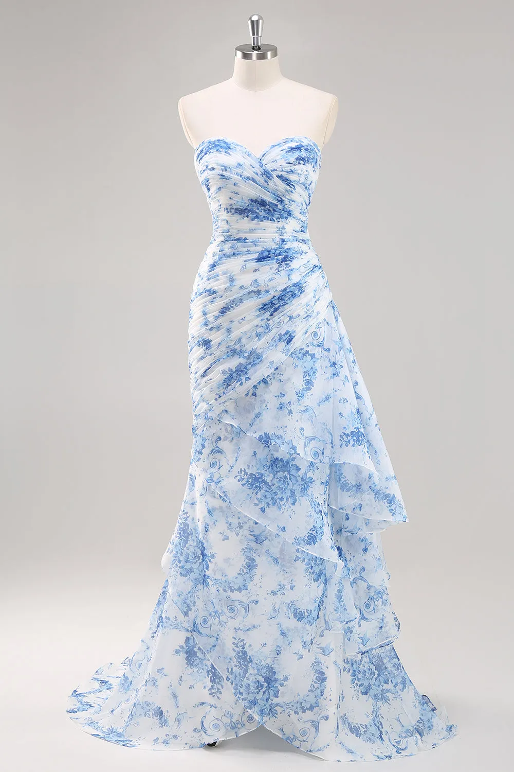 Strapless Mermaid White Blue Floral Prom Dress sold by Zapaka