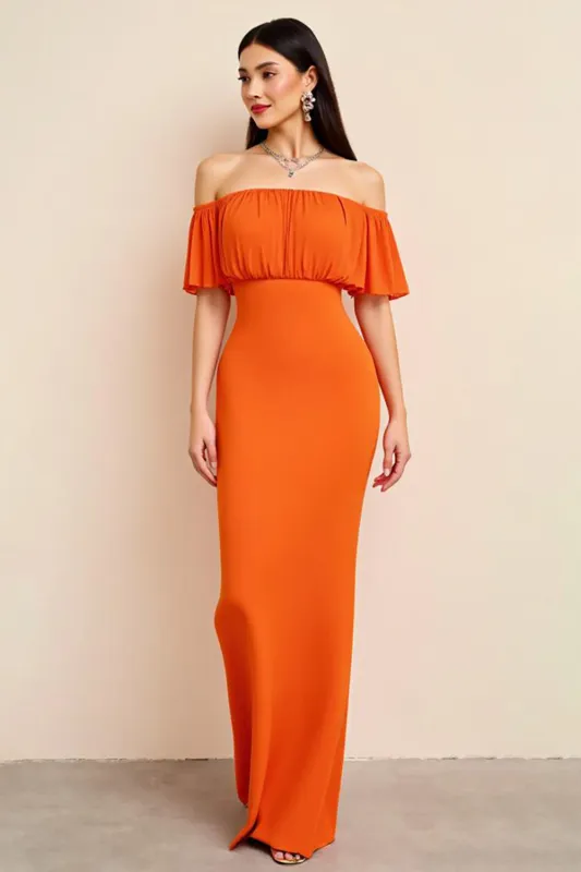 Orange Ruched Off the Shoulder Long Wedding Guest Dress sold by Zapaka