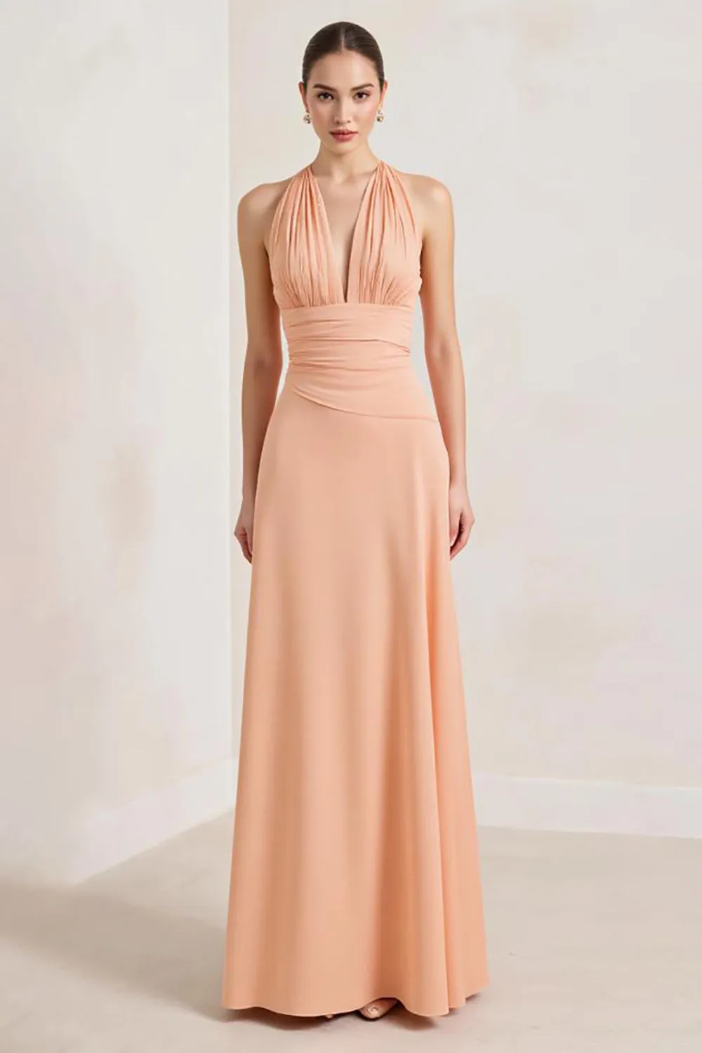 Peach Halter A Line Ruched Wedding Guest Dress sold by Zapaka