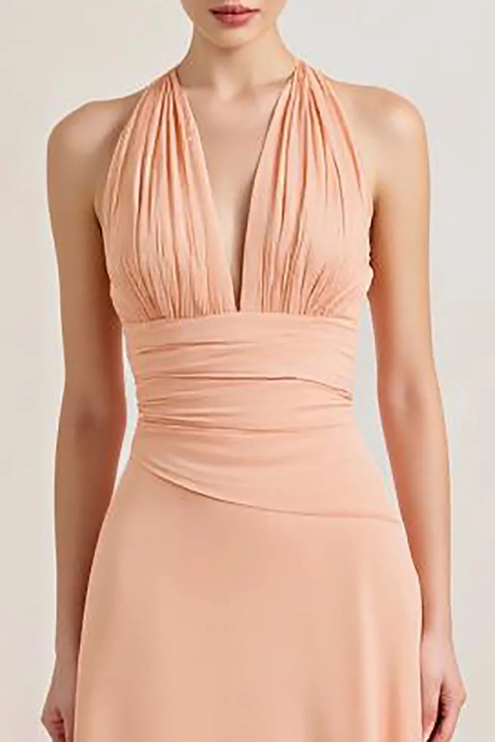 Peach Halter A Line Ruched Wedding Guest Dress sold by Zapaka product image thumbnail 3