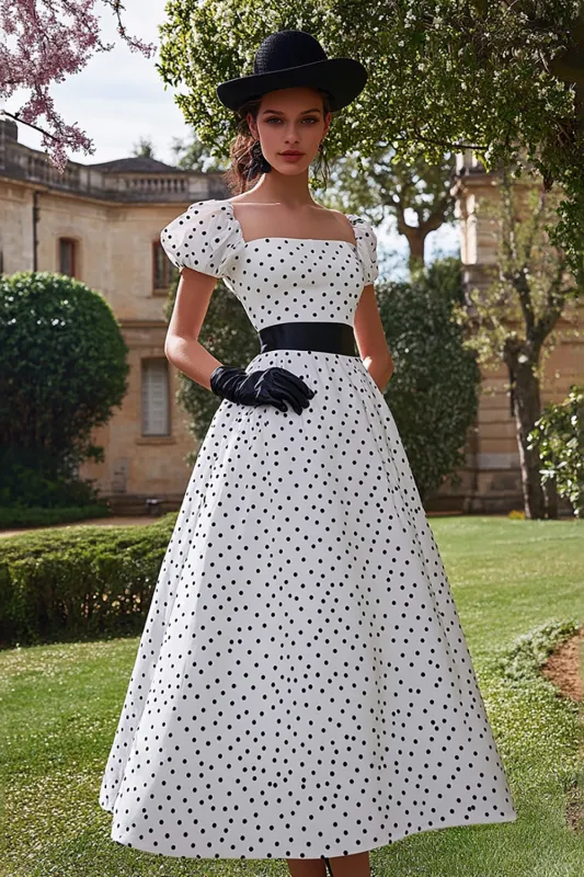 White A Line Satin Wedding Guest Dress with Black Dots sold by Zapaka