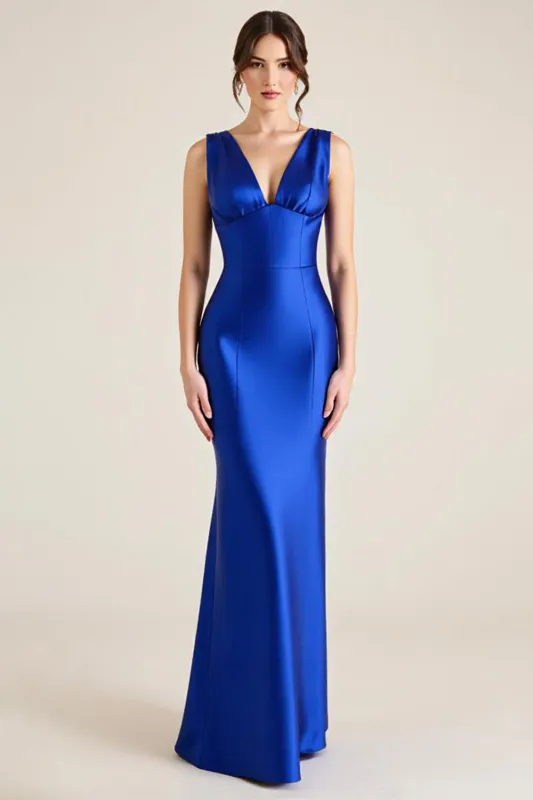 Royal Blue V Neck Sheath Satin Long Wedding Guest Dress sold by Zapaka