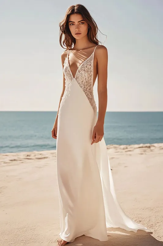 Spaghetti Straps Sheath Satin Lace White Dress sold by Zapaka
