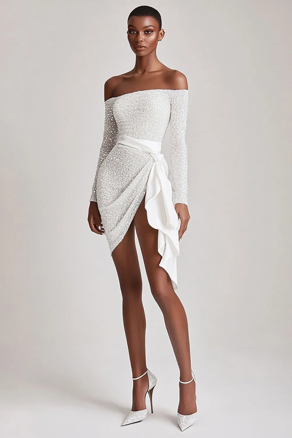 Off The Shoulder Sequins Graduation Dress with Long Sleeves sold by Zapaka