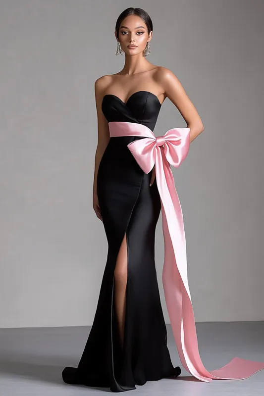 Mermaid Strapless Long Black Tie Dress with Slit sold by Zapaka