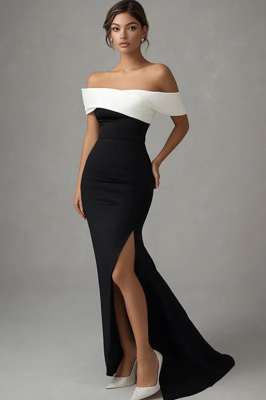 Matte Satin Mermaid Off the Shoulder Black Tie Dress with Slit sold by Zapaka