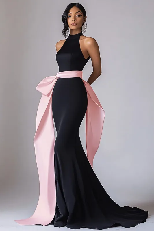 Halter Mermaid Matte Satin Black Tie Dress sold by Zapaka