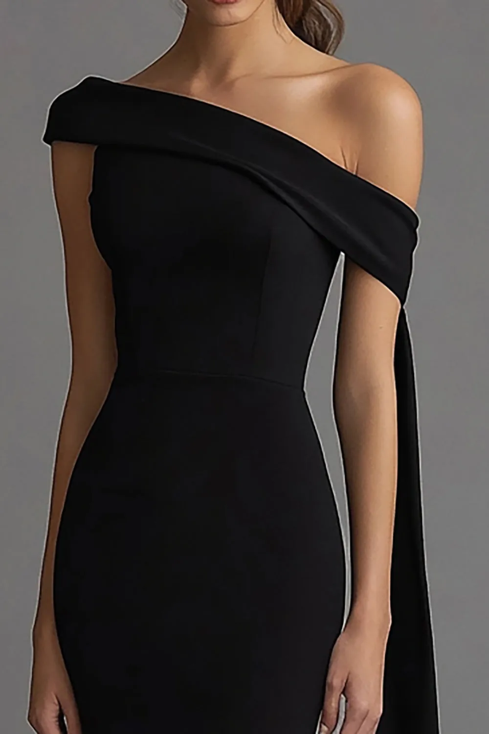 Crepe One Shoulder Sheath Black Tie Dress sold by Zapaka product image thumbnail 2